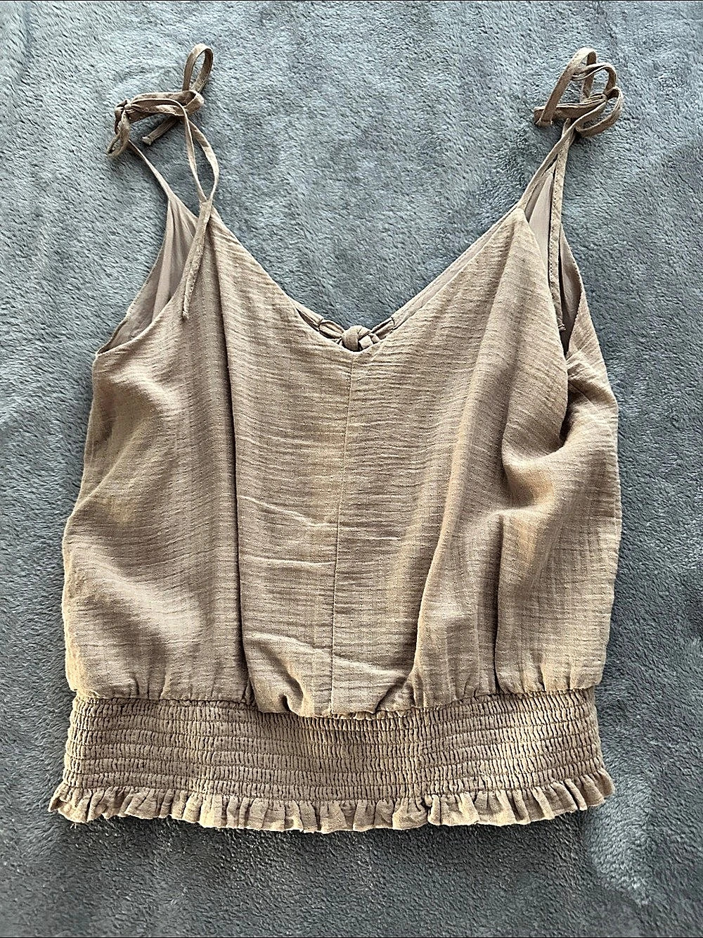 LUSH Tie Strap Smocked Camisole in Beige Size Small Like New